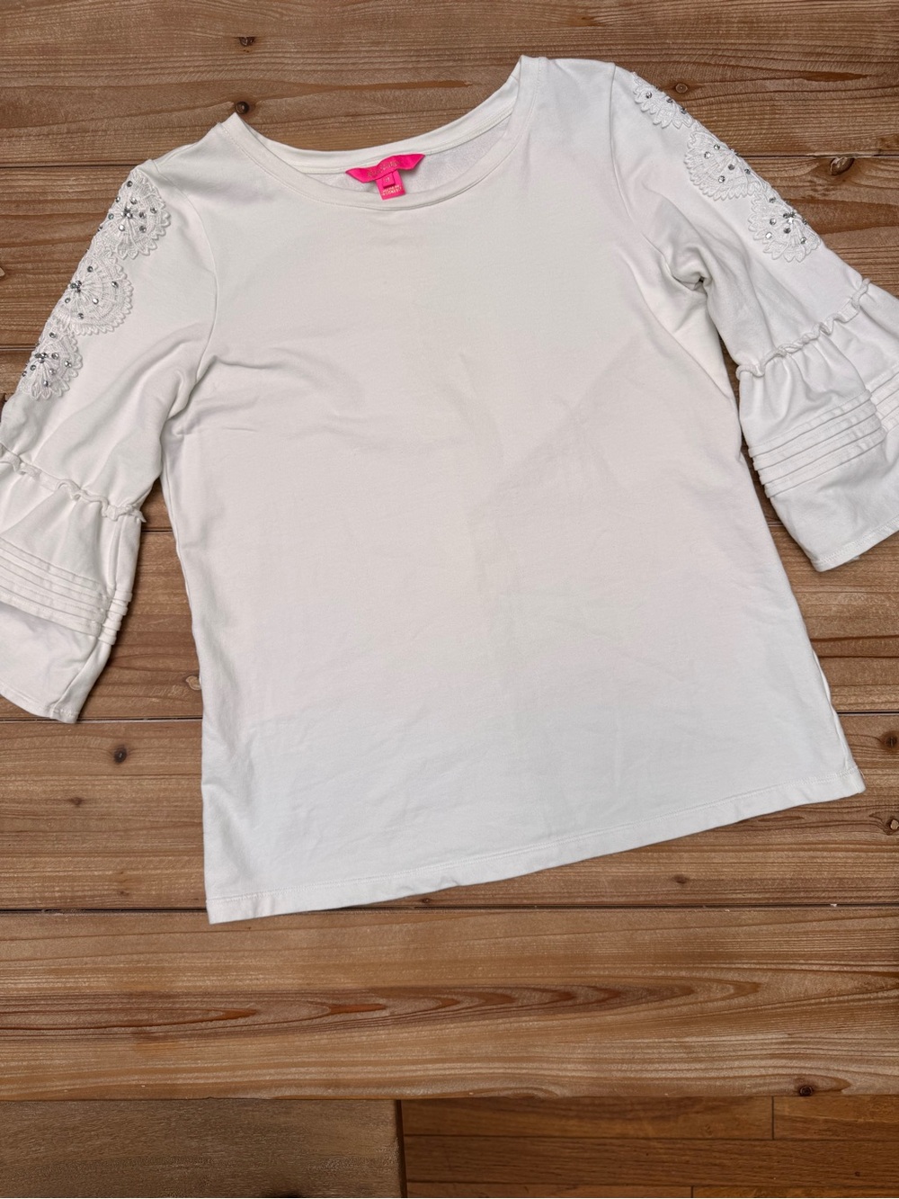 Lilly Pulitzer White Embellished Bell Sleeve Top with Rhinestones